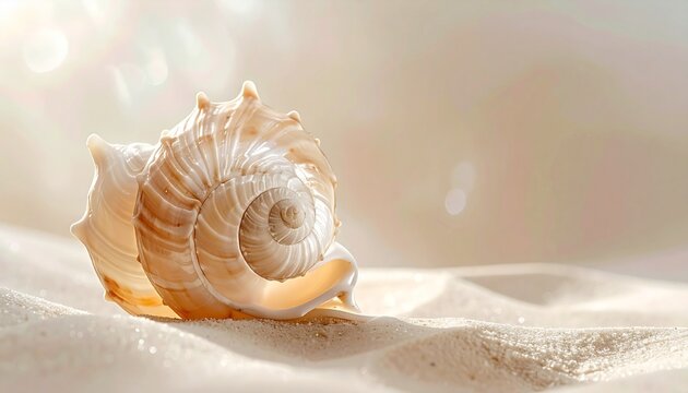 Shell Spiral Macro with Pearly Reflections on Sandy Beige Surface