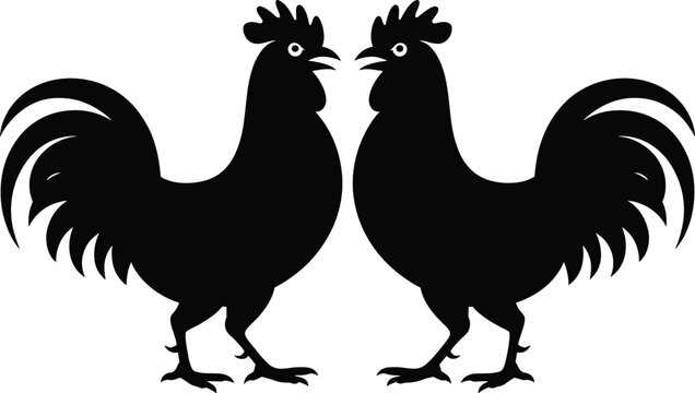 roosters, black, silhouette, flat, eps10, two roosters, facing each other, white background, birds, poultry, animals, black and white, facing, eac Two black roosters facing each other, flat silhouette