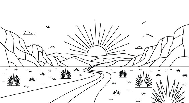 Simple line art drawing of a desert road leading towards a bright rising sun behind a range of jagged mountain peaks.