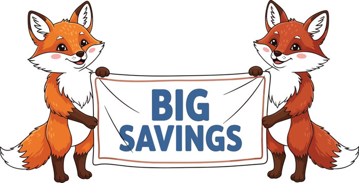 Foxes holding a big savings sign communicate a promotional discount message for retail marketing.