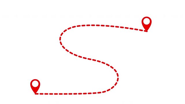 Two black location pins connected by a dashed line on transparent background. 4k animation video