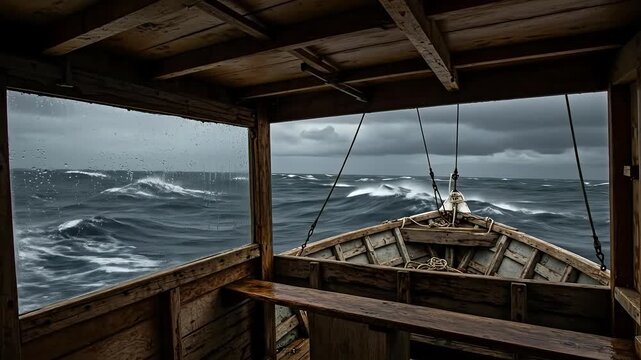 View from inside a wooden cabin of a boat on a stormy sea.