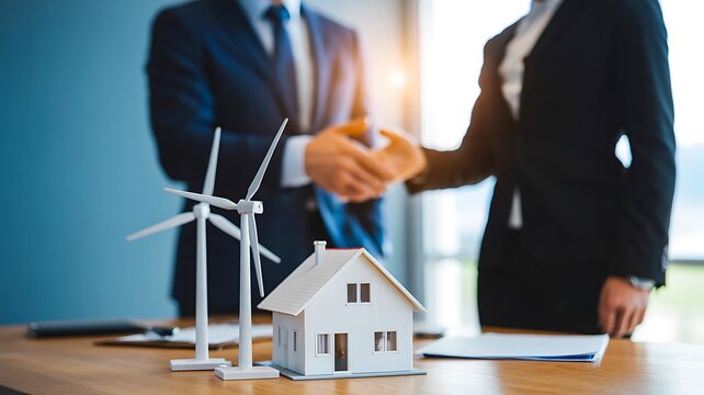 Business meeting with eco house and wind turbines representing sustainable real estate investment