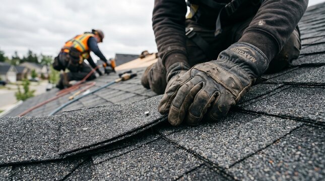 Close Up Roofer Hands Installing Asphalt Roofing Shingles on Modern House Roof