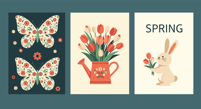 Set of colorful spring themed posters featuring butterflies floral arrangements and a cute rabbit holding a bouquet.