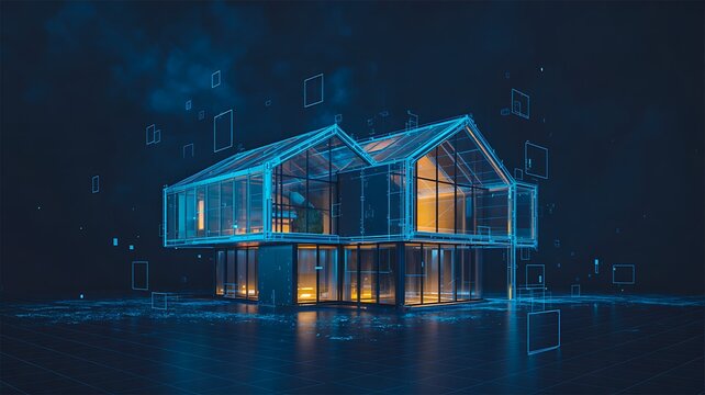 Futuristic digital smart house with glowing technology interface representing modern connected living