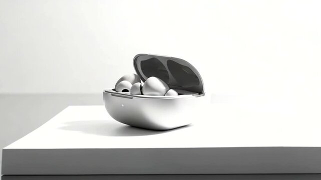 Wireless earbuds case open on minimalist white table