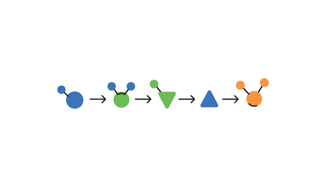 Colorful geometric shape transformation process sequence with arrows