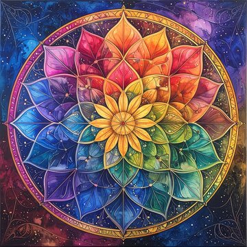 Colorful mandala design geometric pattern with vibrant rainbow colors