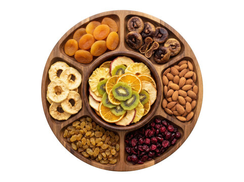 Wooden serving tray with assorted dried fruits and nuts isolated on transparent background