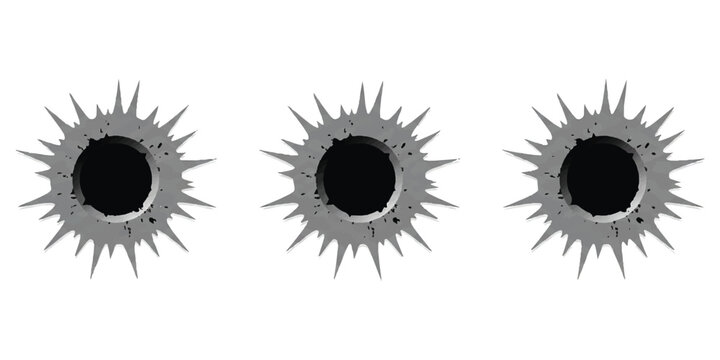 Three realistic bullet holes in a row made by gunshots