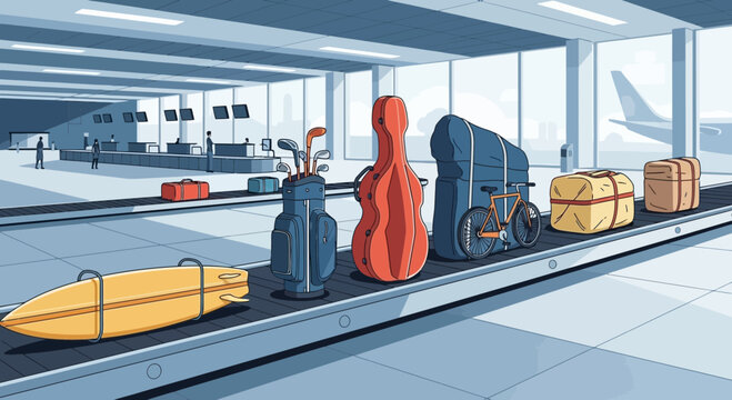 Airport baggage carousel with surfboard, golf bag, cello case, bicycle, luggage