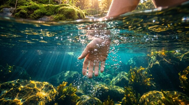 A human hand gently reaches into crystal clear water, with sunlight filtering through the surface illuminating underwater rocks and aquatic plants.