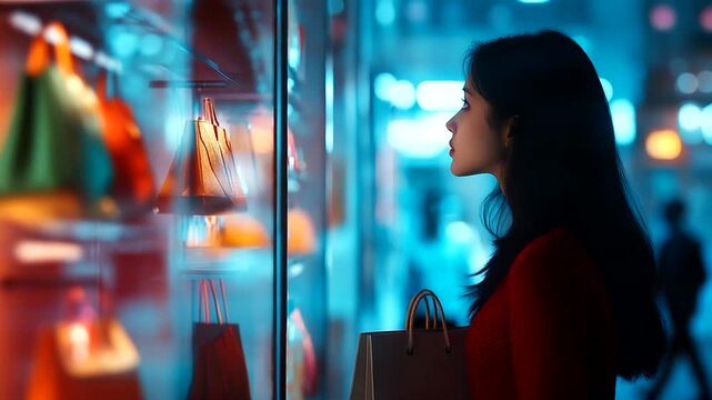 Woman admiring colorful bags in a shop window at night