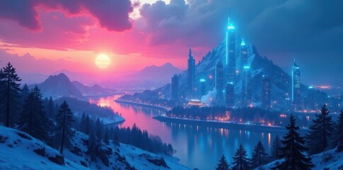 Obraz premium Icy blue ambient glow emanates from a futuristic cityscape at dusk, ambient lighting, night sky