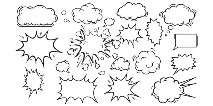 Set of hand drawn comic speech bubbles and thought clouds in sketch style
