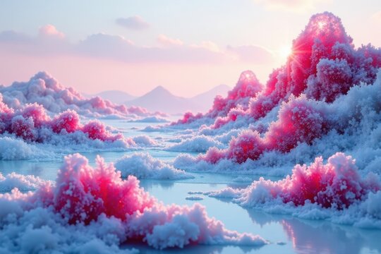 Icy terrain with abstract red frost and crystalline structures, frozen ground, red hues