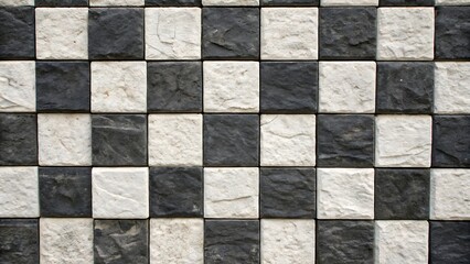 Fototapeta premium Black and white checkered stone wall background with a textured square tile pattern for modern interior design