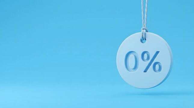3D zero percent discount tag hanging on rope on blue background with copy space