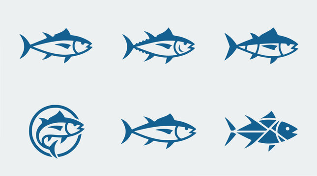 Set of stylized tuna fish icons, simple blue vector illustrations on light background