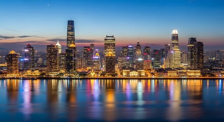 Obraz premium Stunning cityscape at dusk with vibrant reflections on the water.