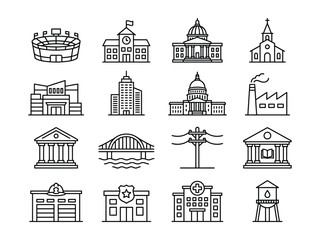 Obraz premium Architectural buildings and structures icons: commercial and public facades