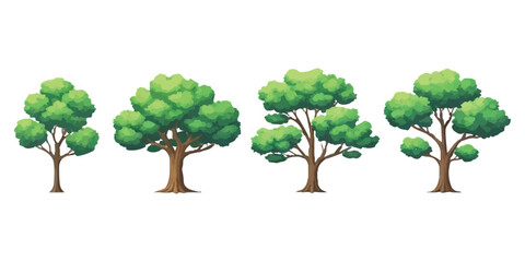 Set of four green trees with thick foliage and brown trunks in a flat vector illustration style ©  Designer