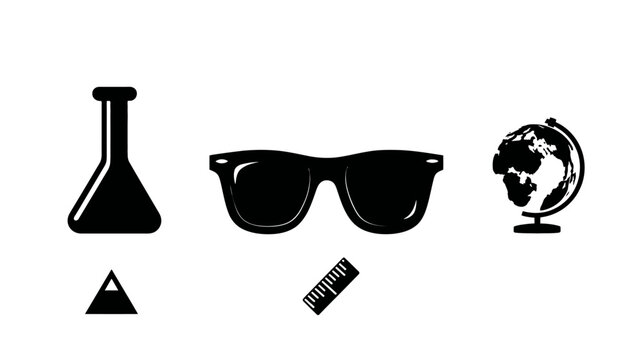 Assortment of science, education, and analytical symbols: flask, globe, sunglasses, ruler, and triangle icons.