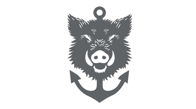 Strong Wild Boar Head Illustration with Anchor, a Powerful Emblem or Tattoo Design. Rugged Hog Mascot Graphic.