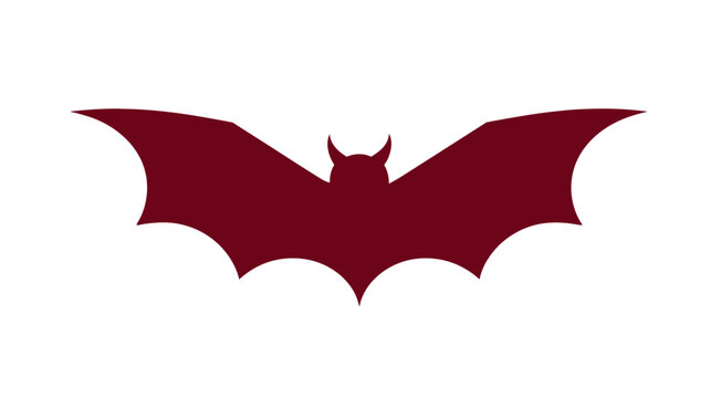 Red Bat Silhouette Flying with Outstretched Wings and Horns on White Background, Spooky Animal Graphic Element