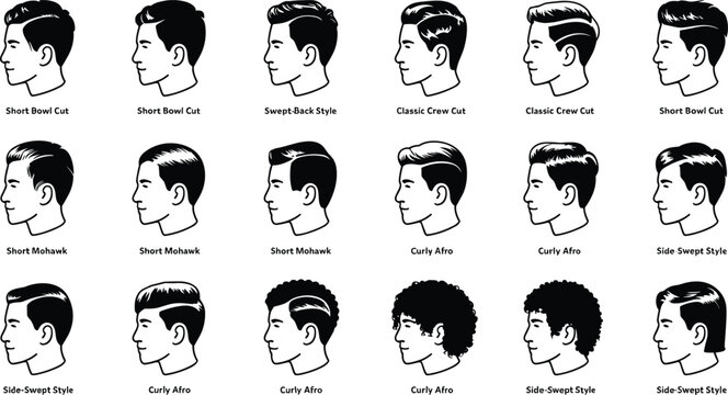 Vector illustration of male head profiles showing various hairstyles including bowl cut, crew cut, mohawk, afro, and side-swept
