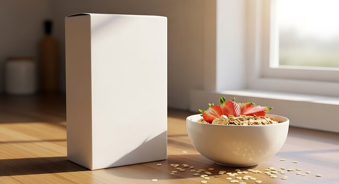 Blank cereal box mockup standing next to a healthy bowl of oatmeal with fresh red strawberries inside. blank cereal box