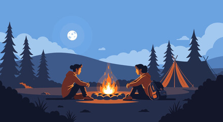 Two friends camping by a campfire under the moonlit sky with tent © Bufallo