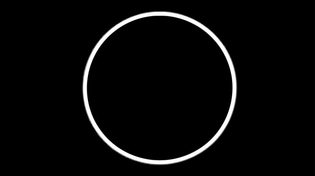 Minimalist white outline circle on a black background. Simple geometric ring, abstract design element with empty copy space.