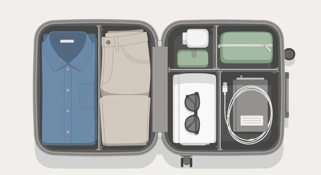 Packing suitcase for trip, organized travel essentials, top view, flat lay