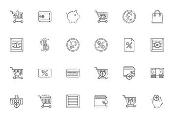 Fototapeta premium Ecommerce icon set. Minimalist icons pack. Featuring shopping cart, piggy bank, credit card, wallet, shipping, money, safebox, dollar, pound, peso and more.