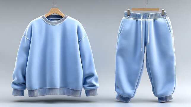 Light blue crewneck sweatshirt and matching jogger pants set hanging on wooden hangers