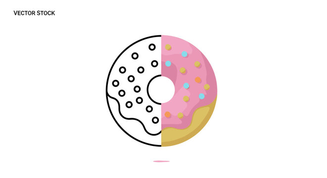 A split illustration of a donut, with one half as a black outline drawing and the other half colored with pink frosting and sprinkles.