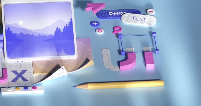 A creative 3D scene displays a designer's workspace featuring a tablet with a landscape image, UX letters, pencils, color palette, and various interface elements.