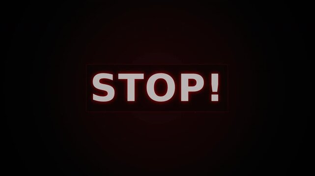 Bold white text "stop!" in a glowing red rectangular frame on dark blurred background, warning or caution concept, minimalist banner with copy space.