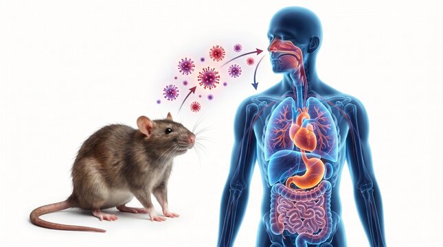 Conceptual medical illustration of disease transmission from mouse to human body.