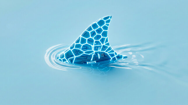 3D Render of Futuristic Shark Fin with Glowing Blue Cellular Pattern in Water