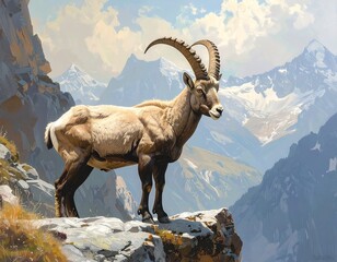 Obraz premium Majestic mountain goat on rocky cliff against scenic mountain background