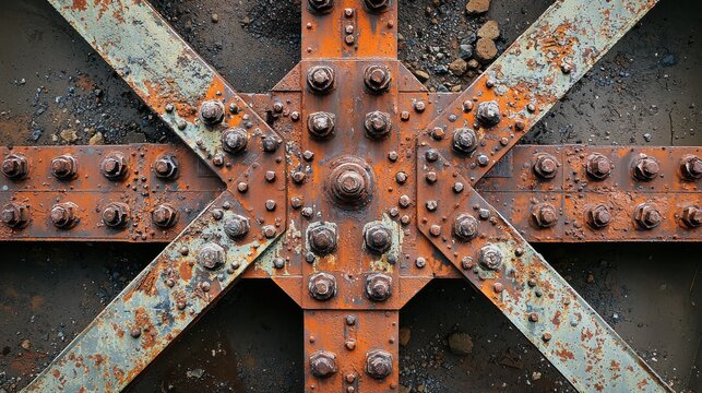 Vintage American bridge cable anchorage steel connection hub with weathered rust patina bolts rivets industrial heritage engineering detail