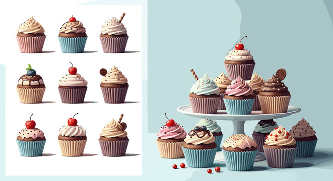 A delightful collection of various cupcakes with different frostings and toppings, arranged individually and on a tiered stand.