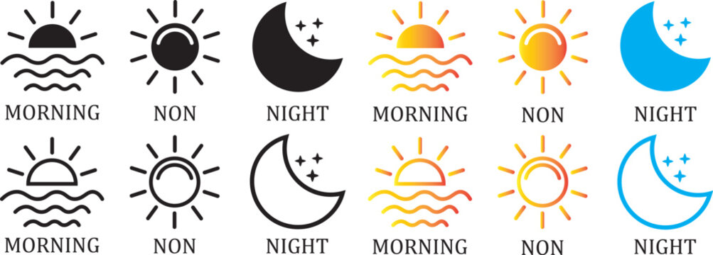 Day and night icons. orning, noon, night, icon set. Day and night icons set. Crescent moon and stars, day and night time symbols. Sun half icon, sunrise ray, morning light icon set