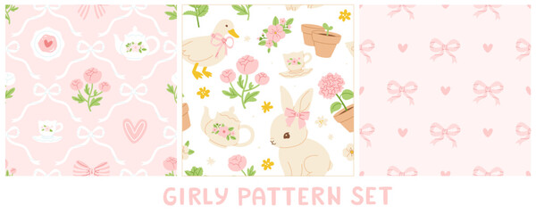 Fototapeta premium Elegant girly print with tea party. Seamless vintage vector print with flowers and animals.