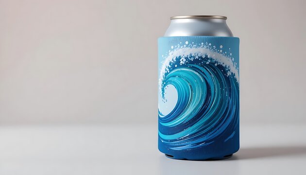 Blue ocean wave design on a neoprene stubby holder for keeping a cold drink can cool in the summer heat. koozie