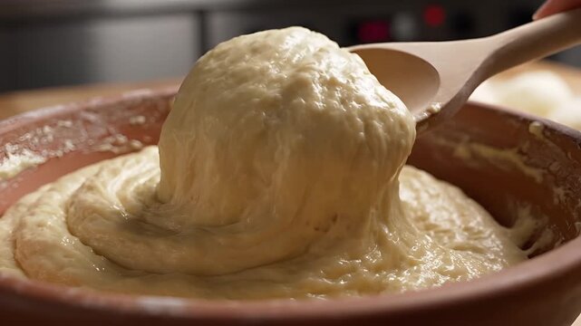 Closeup of thick dough being mixed in a rustic bowl with a wooden spoon.
