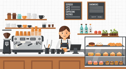 A friendly female barista stands behind the counter of a modern, bustling coffee shop, ready to serve customers with fresh coffee and pastries. © Syaiin